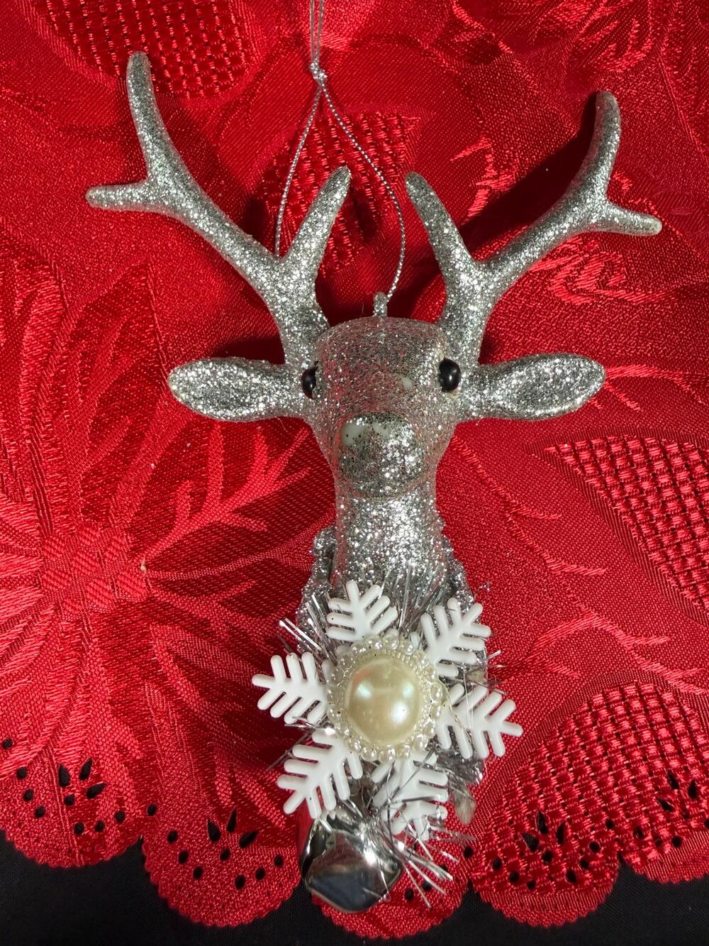 Holiday Time Silver Glitter Reindeer Deer Christmas Ornament Snowflake Bell 5.5"